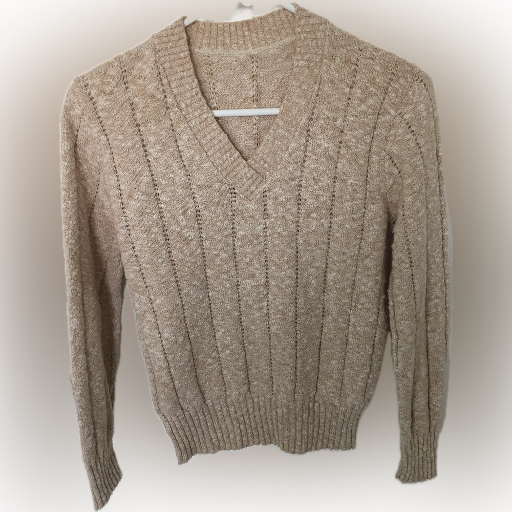Vintage 1980s women’s girl’s v-neck knit sweater mottled beige oatmeal medium